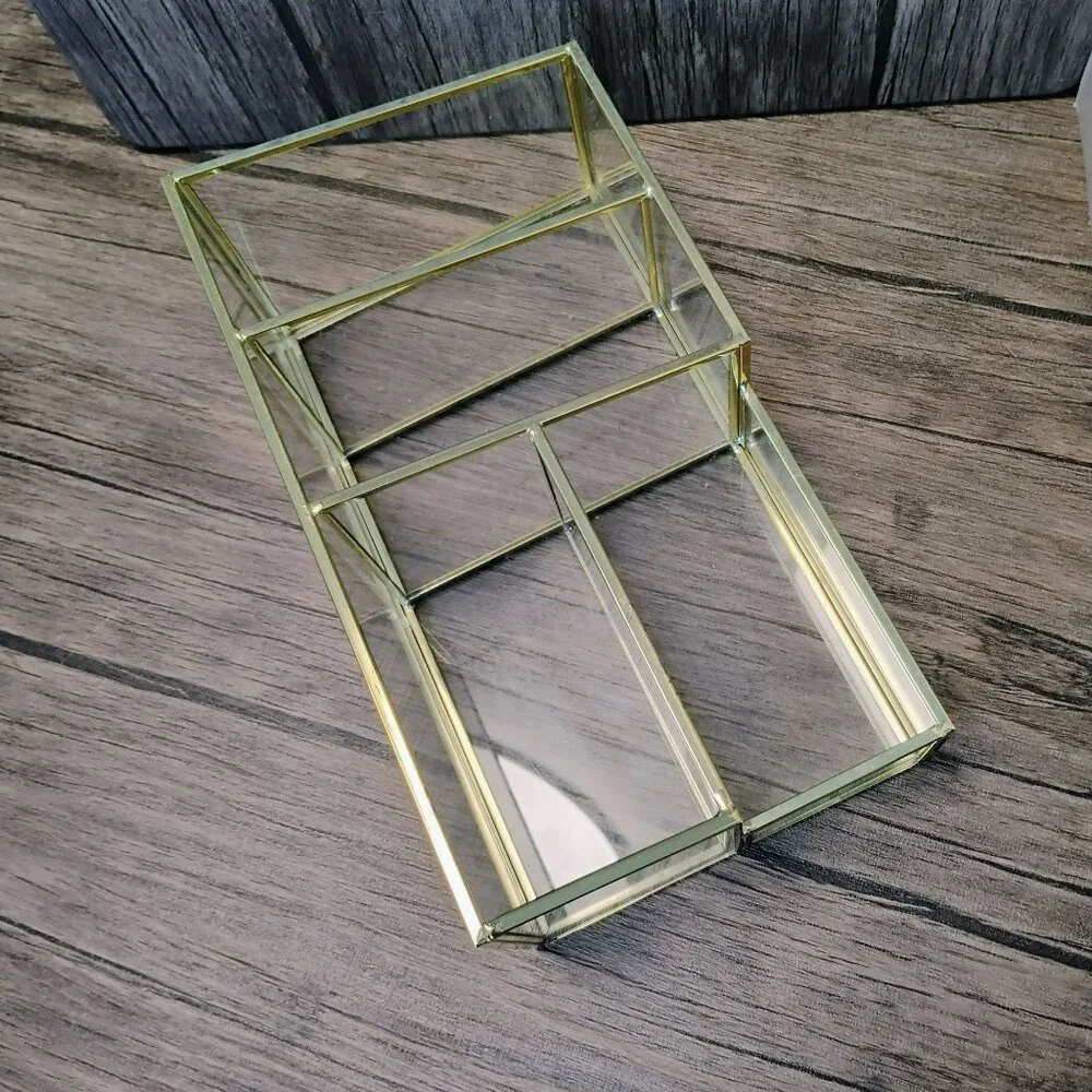 Glass & Brass Tone Vanity Organizer for Makeup, Desk, Bathroom Storage